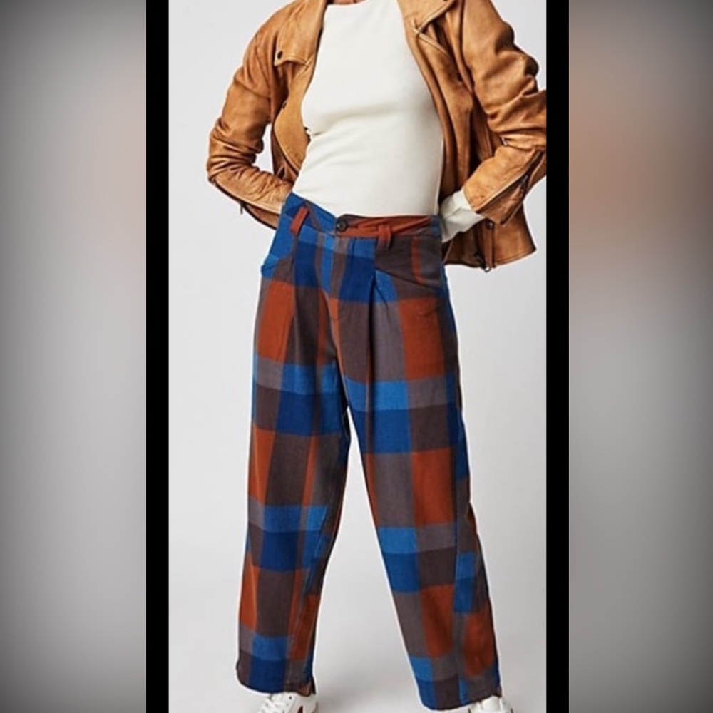 Free People Cass Slouch Trousers Blue and Brown Plaid Trousers